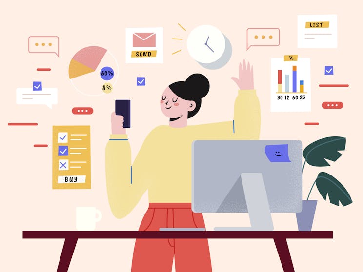 Illustration of a freelancer multitasking